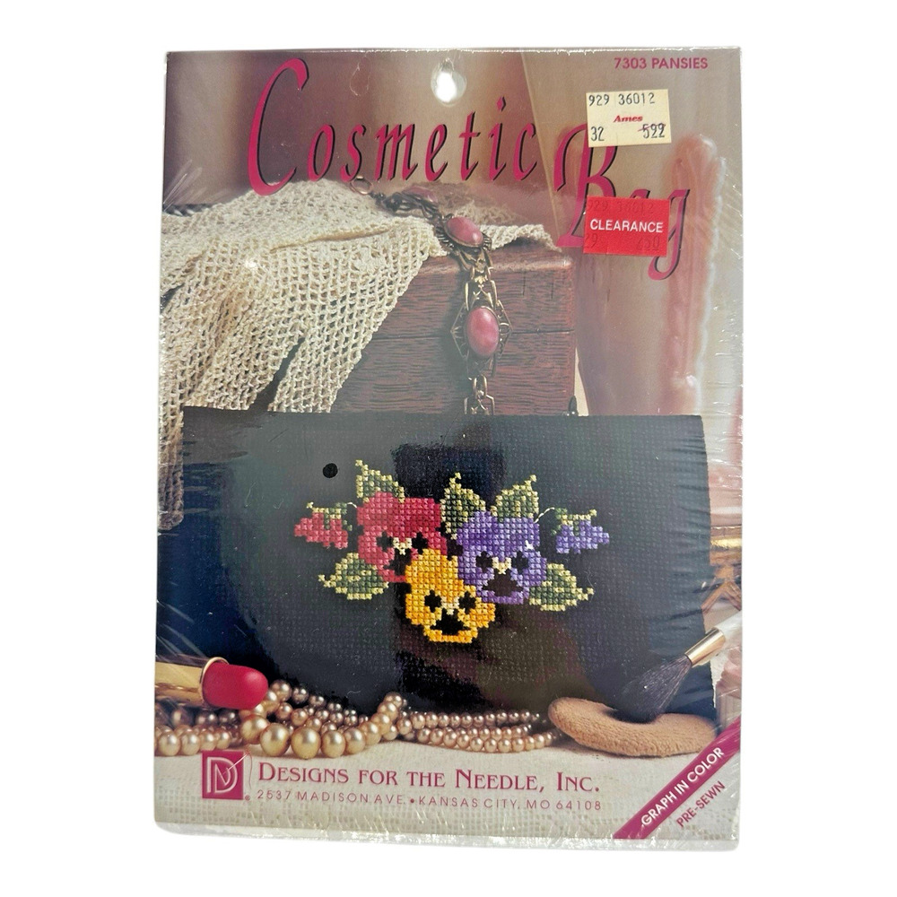 Vintage Designs for the Needle Cosmetic Bag #7303 Pansies Cross Stitch Kit 1990